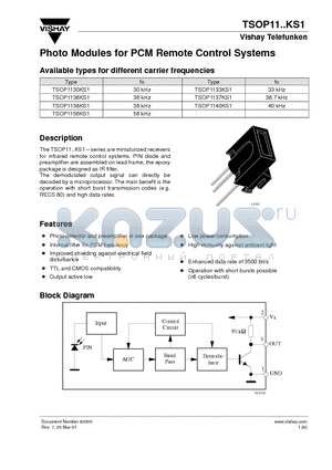 TSOP1130KS1 datasheet - Photo Modules for PCM Remote Control Systems