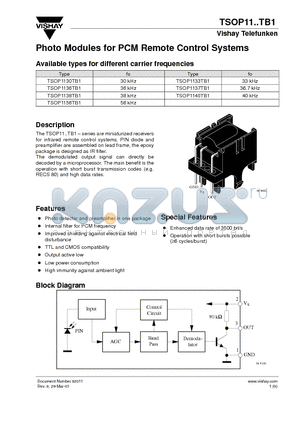 TSOP1130TB1 datasheet - Photo Modules for PCM Remote Control Systems