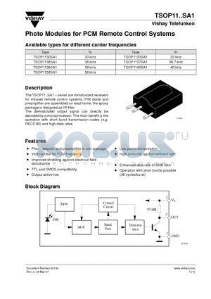 TSOP1133SA1 datasheet - Photo Modules for PCM Remote Control Systems