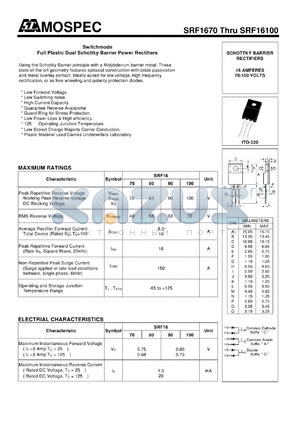 SRF16100 datasheet - Switchmode Full Plastic Dual Schottky Barrier Power Rectifiers