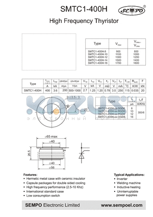 SMTC1-400H-XX-PGD6 datasheet - High Frequency Thyristor