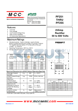 PF251_11 datasheet - 25Amp Rectifier 50 to 600 Volts