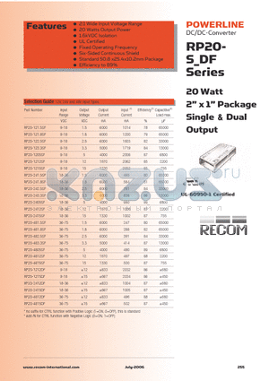 RP20-1212SFN datasheet - 20 Watt 2 x 1 Package Single & Dual Output