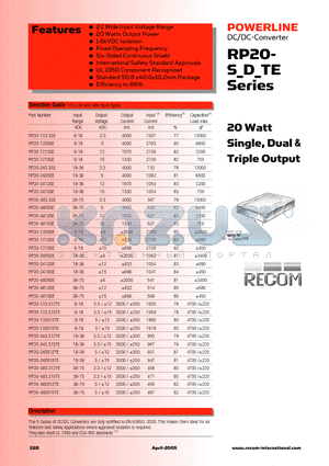RP20-123.315TE datasheet - 20 Watt Single, Dual & Triple Output