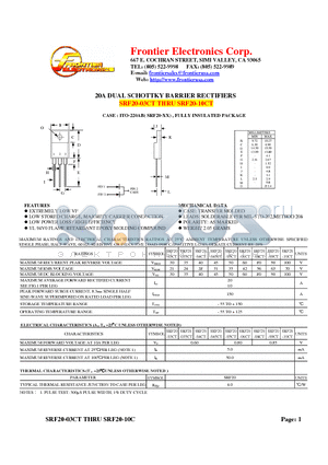 SRF20-05CT datasheet - 20A DUAL SCHOTTKY BARRIER RECTIFIERS