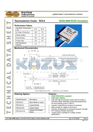 RC3-6-01L datasheet - Thermoelectric Cooler