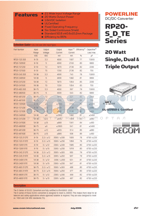 RP20-243.3SE datasheet - 20 Watt Single, Dual & Triple Output