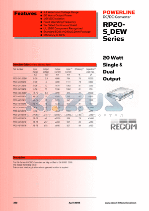 RP20-4805DEW datasheet - 20 Watt Single & Dual Output