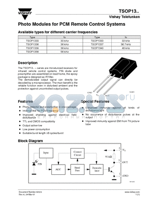 TSOP1336 datasheet - Photo Modules for PCM Remote Control Systems