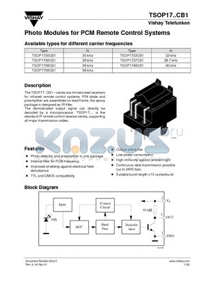 TSOP1730CB1 datasheet - Photo Modules for PCM Remote Control Systems