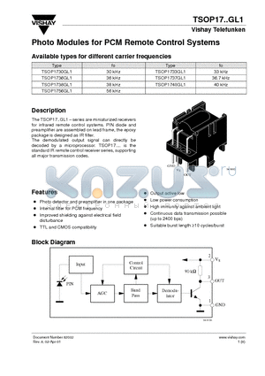 TSOP1730GL1 datasheet - Photo Modules for PCM Remote Control Systems