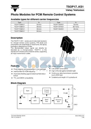 TSOP1730KS1 datasheet - Photo Modules for PCM Remote Control Systems