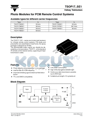TSOP1730SE1 datasheet - Photo Modules for PCM Remote Control Systems