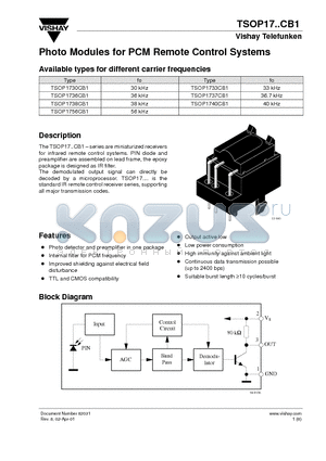 TSOP1733CB1 datasheet - Photo Modules for PCM Remote Control Systems
