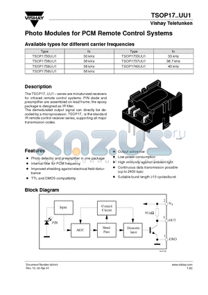 TSOP1733UU1 datasheet - Photo Modules for PCM Remote Control Systems
