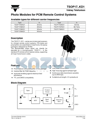 TSOP1736KD1 datasheet - Photo Modules for PCM Remote Control Systems