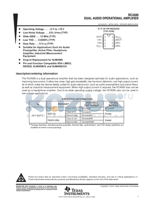 RC4580 datasheet - DUAL AUDIO OPERATIONAL AMPLIFIER