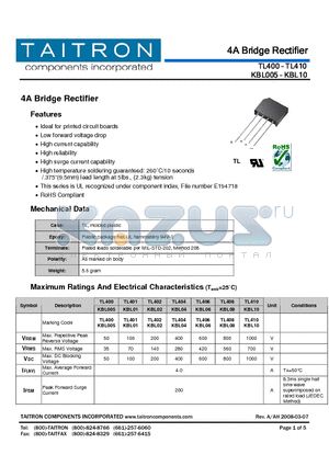 TL400 datasheet - 4A Bridge Rectifier