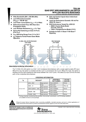 TL3L100 datasheet - QUAD SPDT WIDE-BANDWIDTH LAN SWITCH WITH LOW ON-STATE RESISTANCE