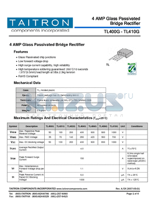 TL401G datasheet - 4 AMP Glass Passivated Bridge Rectifier