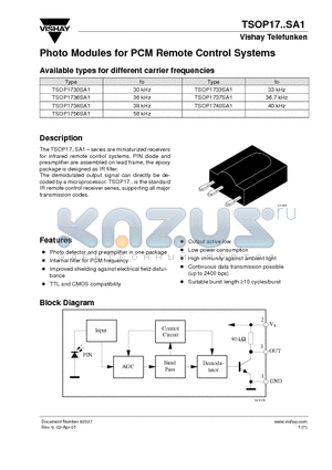 TSOP1740SA1 datasheet - Photo Modules for PCM Remote Control Systems