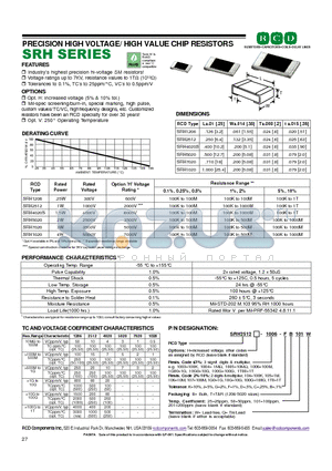 SRH2512-1005-DT datasheet - PRECISION HIGH VOLTAGE/ HIGH VALUE CHIP RESISTORS