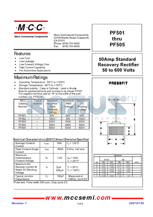 PF502 datasheet - 50Amp Standard Recovery Rectifier 50 to 600 Volts