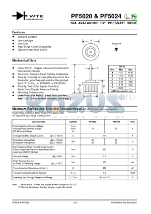 PF5020 datasheet - 50A AVALANCHE 1/2 PRESS-FIT DIODE