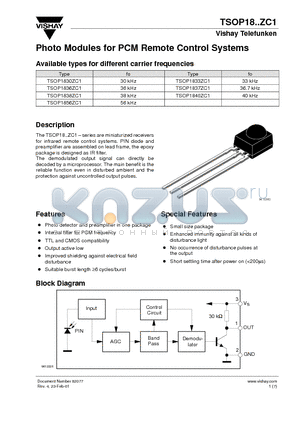 TSOP1833ZC1 datasheet - Photo Modules for PCM Remote Control Systems