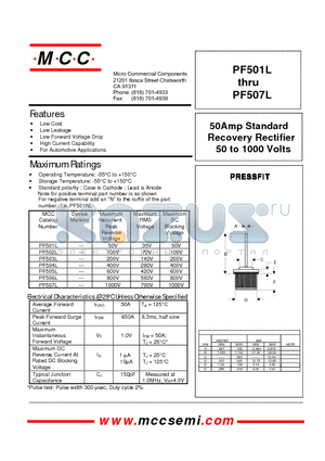 PF507L datasheet - 50Amp Standard Recovery Rectifier 50 to 1000 Volts