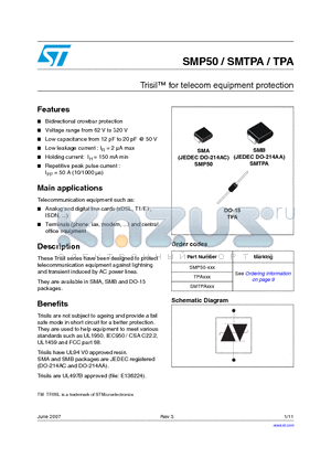 SMTPA100 datasheet - Trisil for telecom equipment protection