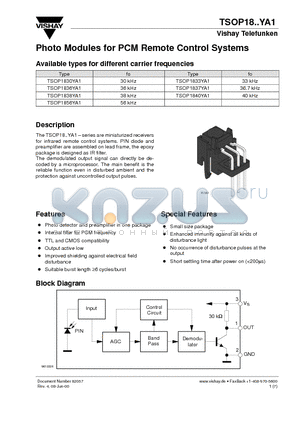 TSOP1830YA1 datasheet - Photo Modules for PCM Remote Control Systems