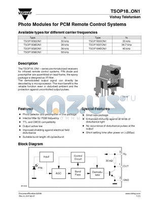 TSOP1837ON1 datasheet - Photo Modules for PCM Remote Control Systems