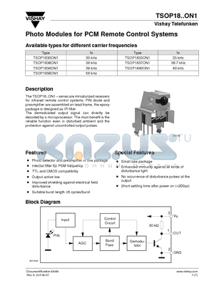 TSOP1833ON1 datasheet - Photo Modules for PCM Remote Control Systems