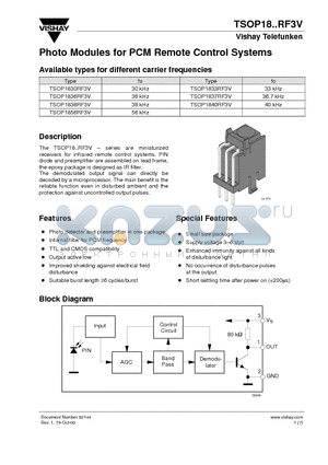 TSOP1837RF3V datasheet - Photo Modules for PCM Remote Control Systems
