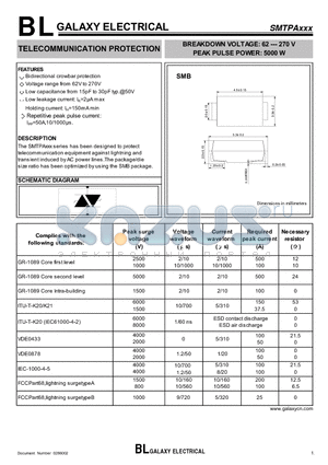 SMTPA68 datasheet - TELECOMMUNICATION PROTECTION BREAKDOWN VOLTAGE: 62 --- 270 V