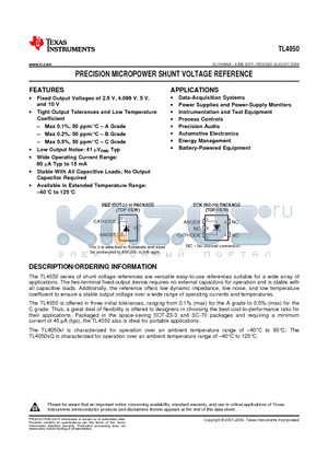 TL4050A50IDBZT datasheet - PRECISION MICROPOWER SHUNT VOLTAGE REFERENCE