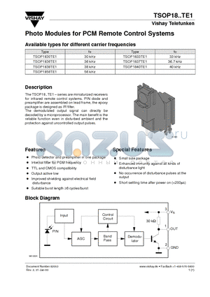 TSOP1840TE1 datasheet - Photo Modules for PCM Remote Control Systems