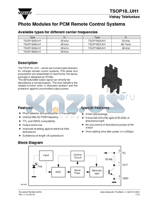 TSOP1840UH1 datasheet - Photo Modules for PCM Remote Control Systems