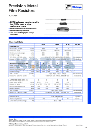 RC70 datasheet - Precision Metal Film Resistors