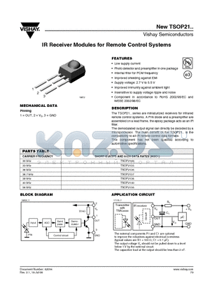 TSOP2130 datasheet - IR Receiver Modules for Remote Control Systems