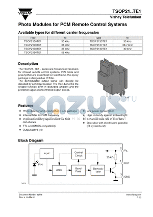 TSOP2130TE1 datasheet - Photo Modules for PCM Remote Control Systems