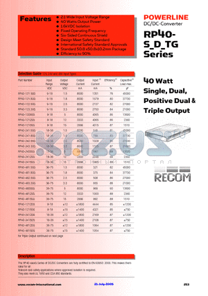 RP40-120515TG datasheet - 40 Watt Single, Dual, Positive Dual & Triple Output