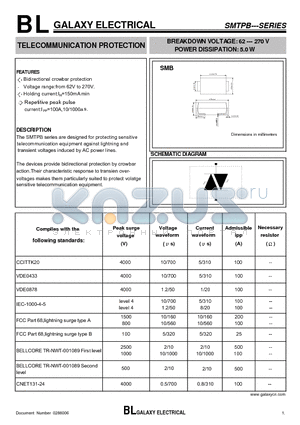 SMTPB240 datasheet - TELECOMMUNICATION PROTECTION BREAKDOWN VOLTAGE: 62 --- 270 V