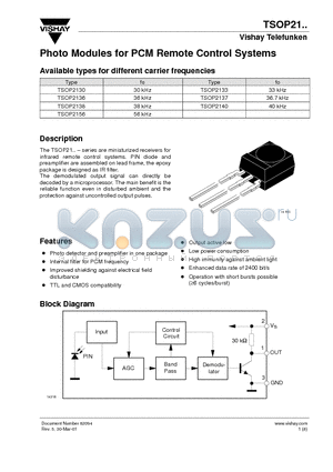 TSOP2137 datasheet - Photo Modules for PCM Remote Control Systems