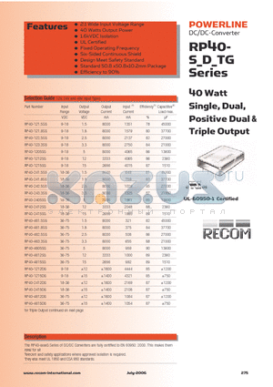 RP40-240515TG datasheet - 40 Watt Single, Dual, Positive Dual & Triple Output
