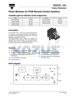 TSOP2133YA1 datasheet - Photo Modules for PCM Remote Control Systems