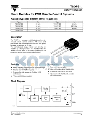 TSOP2136 datasheet - Photo Modules for PCM Remote Control Systems