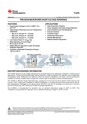 TL4050B50-Q1 datasheet - PRECISION MICROPOWER SHUNT VOLTAGE REFERENCE