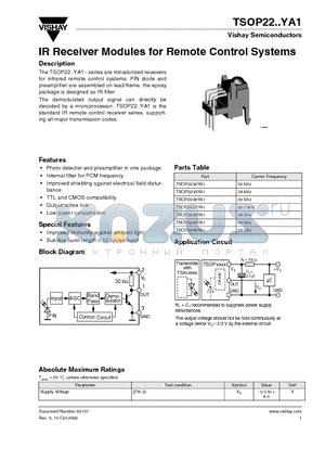 TSOP2230YA1 datasheet - IR Receiver Modules for Remote Control Systems